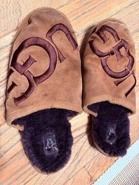 Suede Slide Slippers with Embroidered UGG Logo - Brown